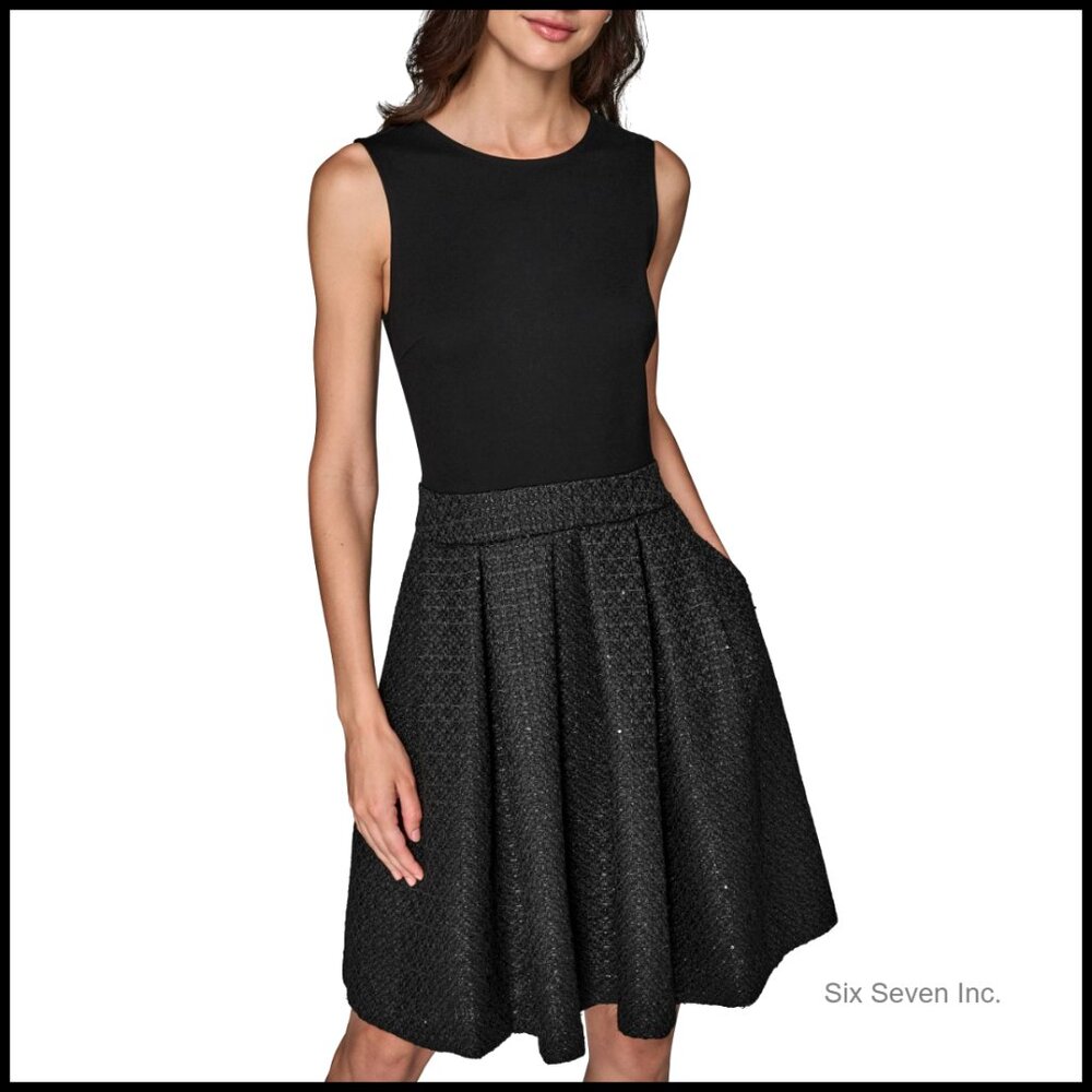 Novelty Tweed Career Midi Dress, Tailored Fit & Flare, Zipper Closure